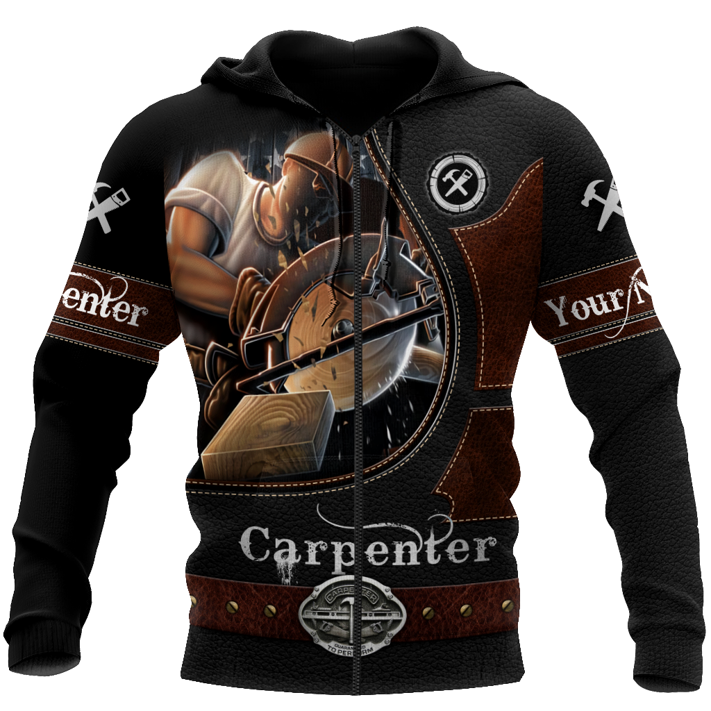 Personalized carpenter zip hoodie featuring dark woodworking tools all-over print