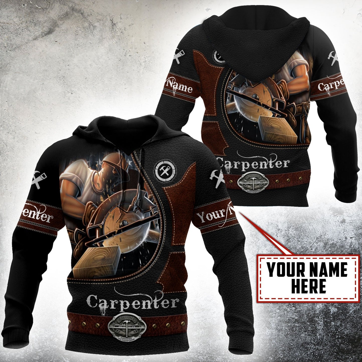 Personalized carpenter apparel featuring dark woodworking tools all-over print