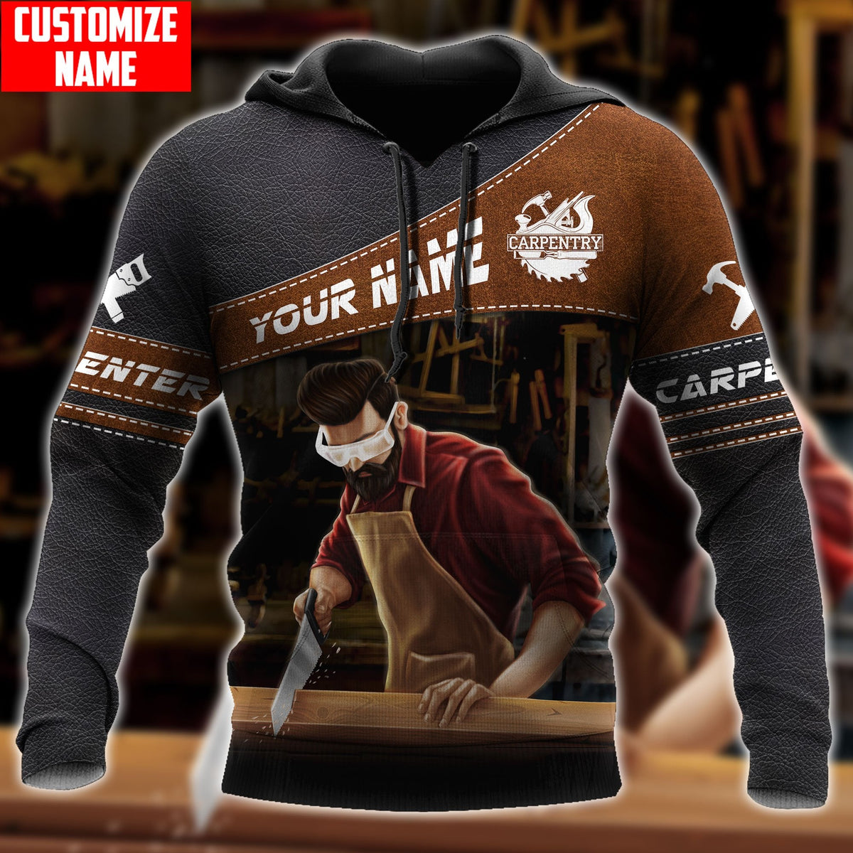 Personalized carpenter hoodie featuring brown diagonal band hand plane all-over print, front view