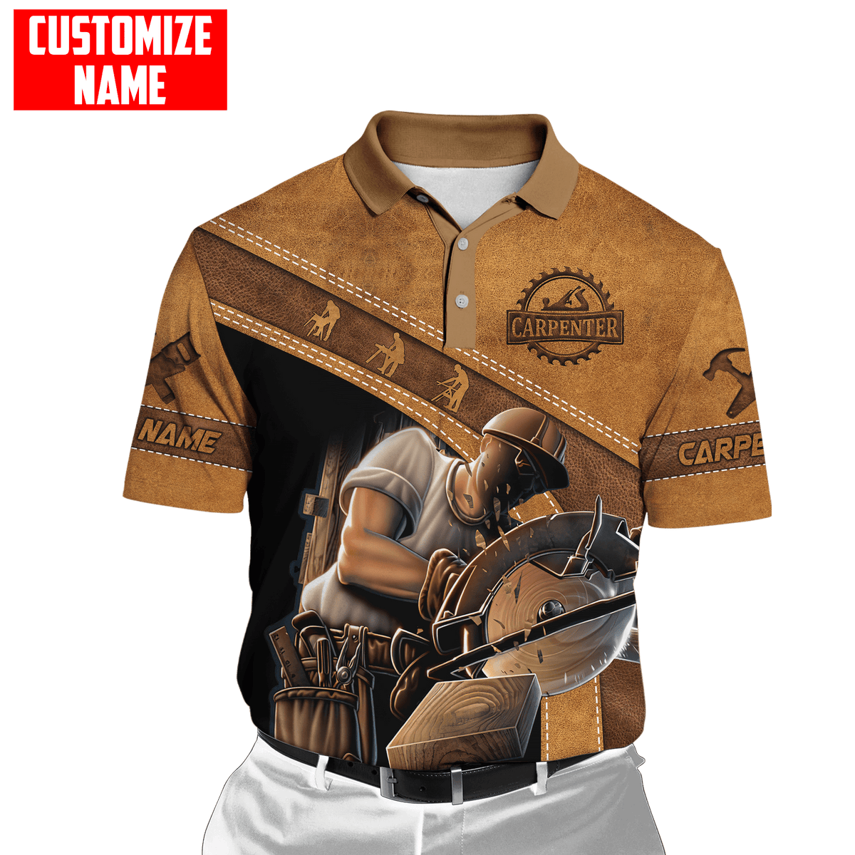Personalized carpenter polo featuring brown leather all-over print