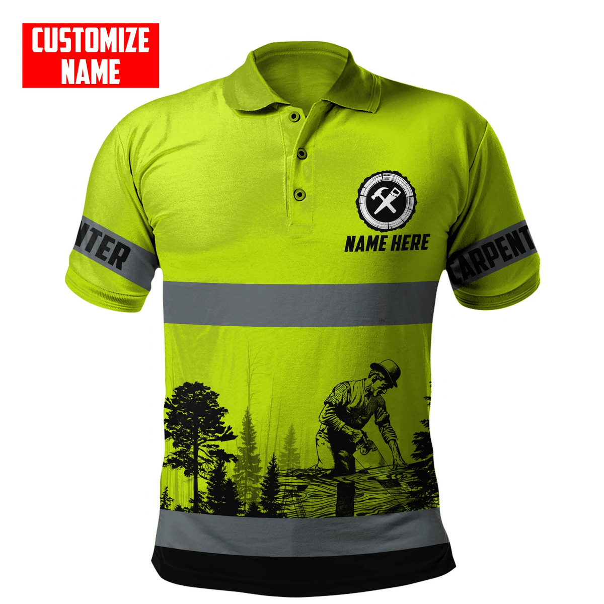 Personalized carpenter polo featuring neon green stripe print all-over print