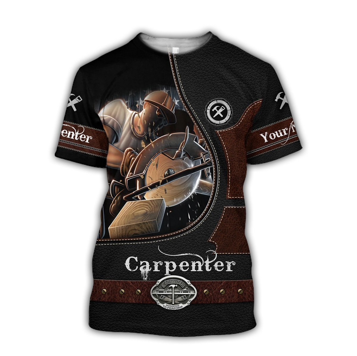 Personalized carpenter t-shirt featuring dark woodworking tools all-over print