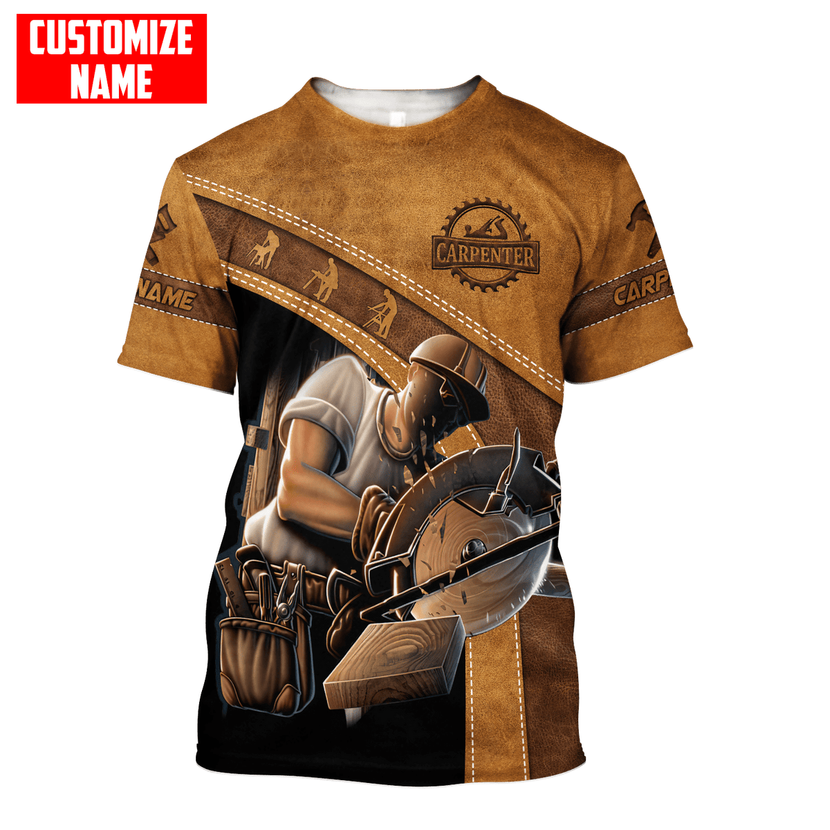 Personalized carpenter t-shirt featuring brown leather all-over print