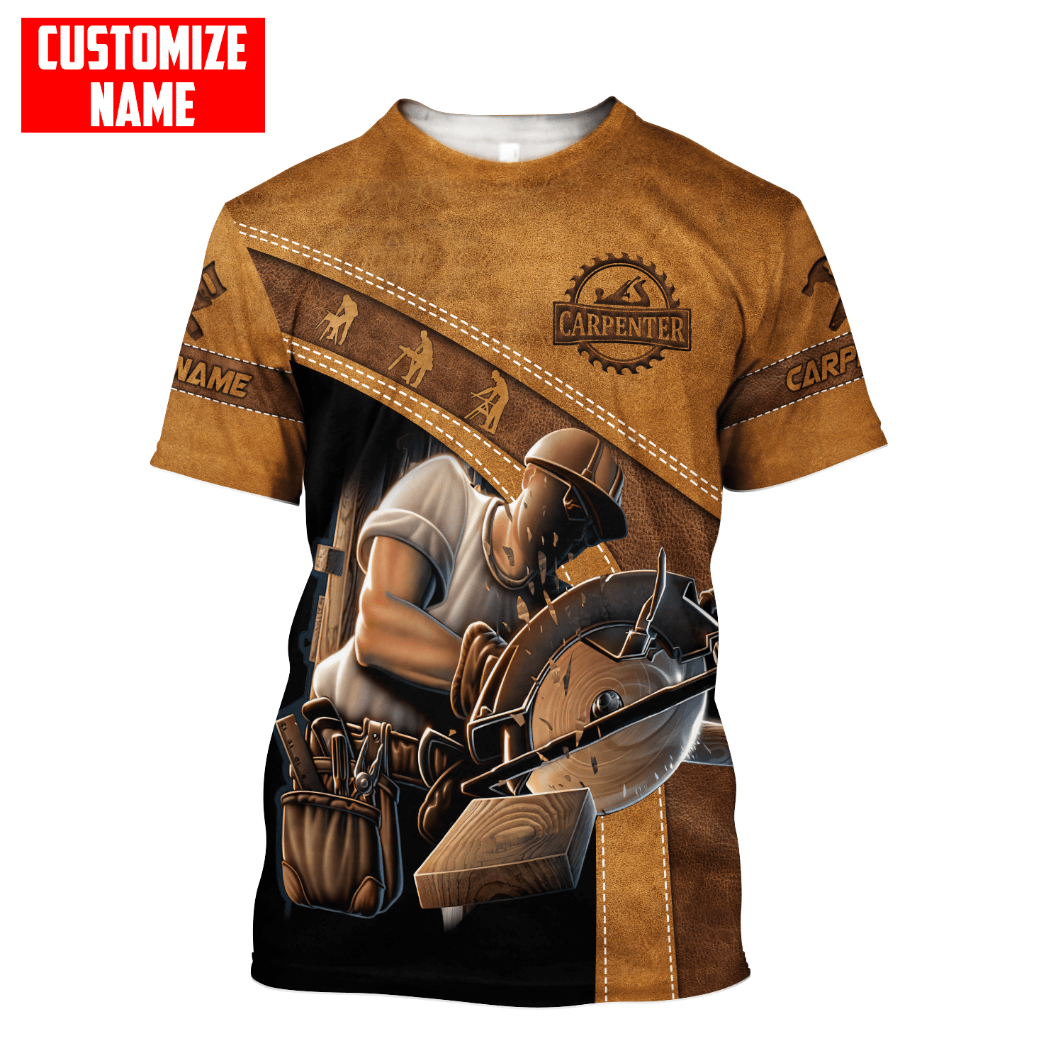 Personalized carpenter t-shirt featuring brown leather all-over print