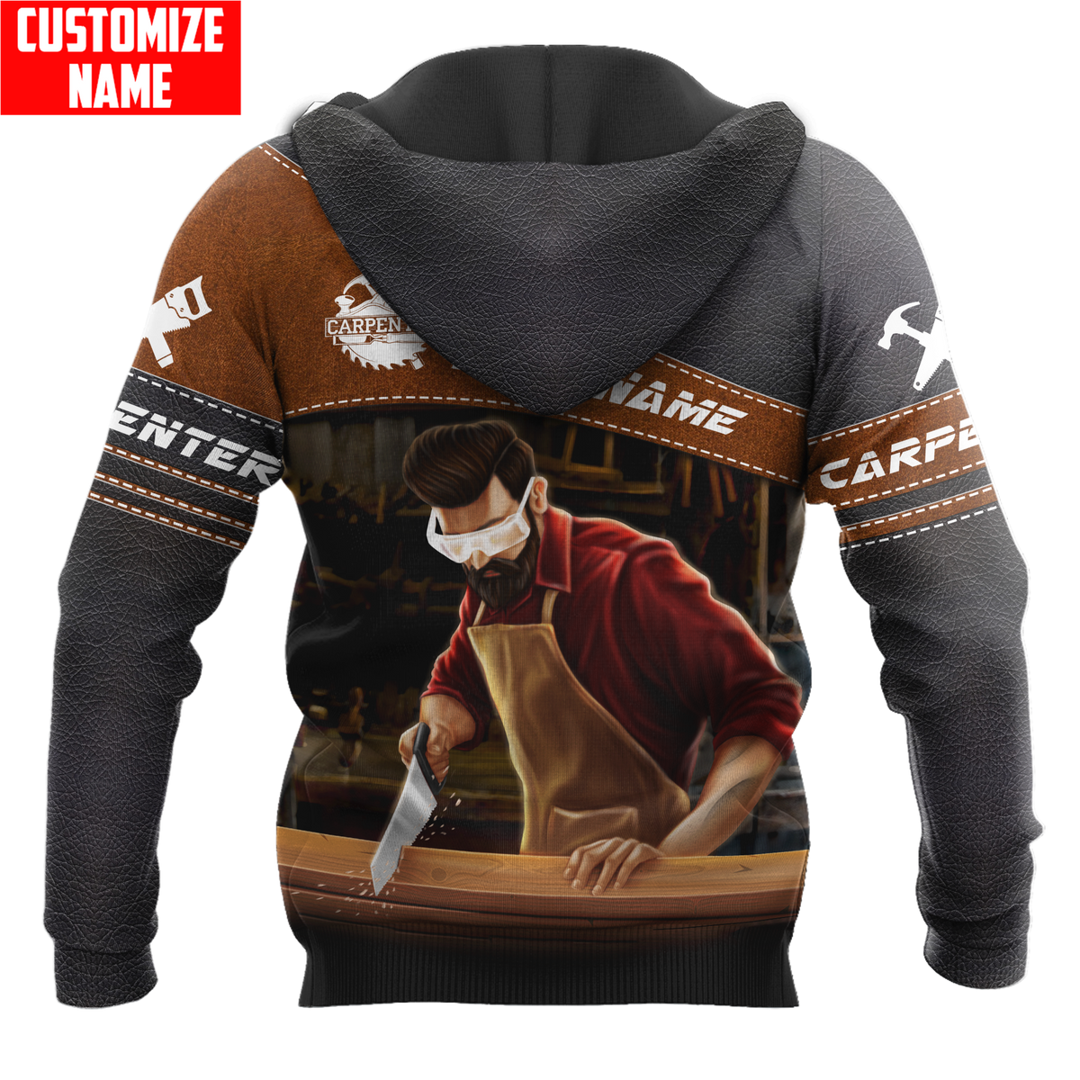 Personalized carpenter hoodie featuring brown diagonal band hand plane all-over print, back view