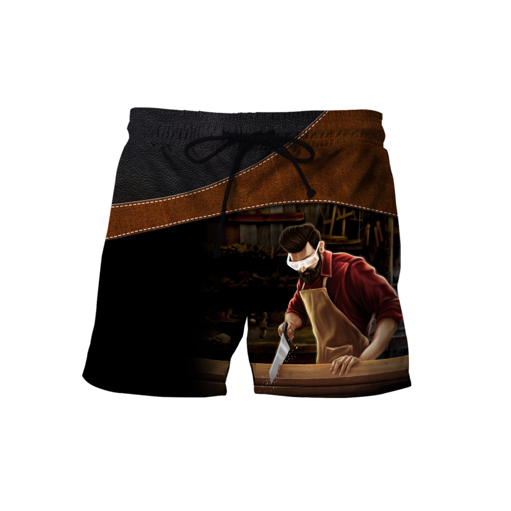 Personalized carpenter shorts featuring brown diagonal band hand plane all-over print