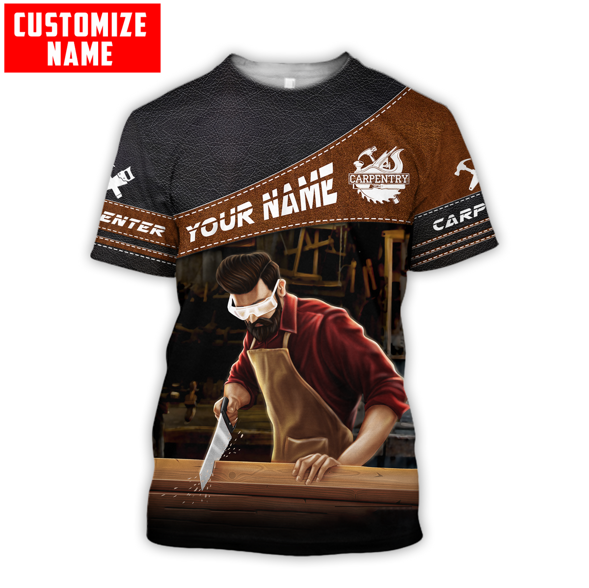 Personalized carpenter t-shirt featuring brown diagonal band hand plane all-over print
