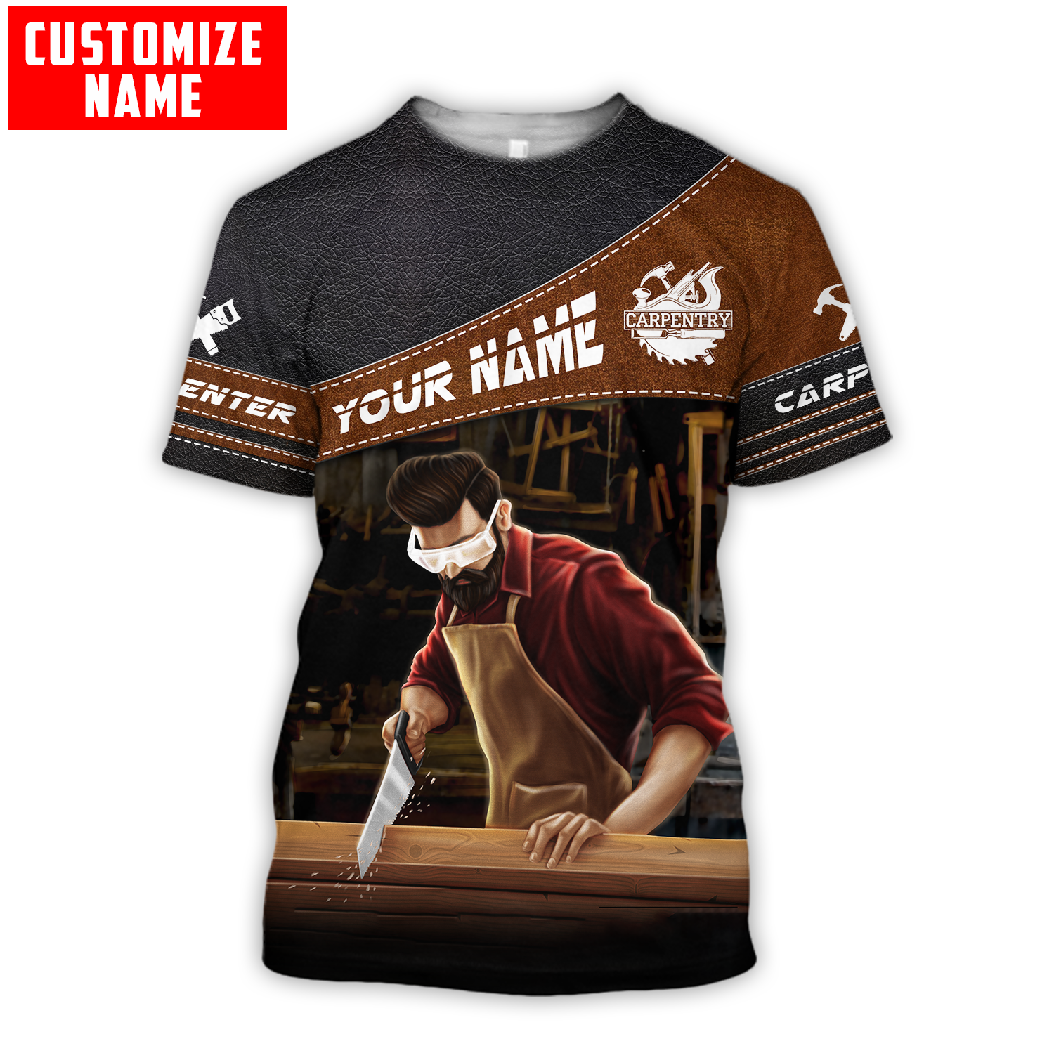 Personalized carpenter t-shirt featuring brown diagonal band hand plane all-over print