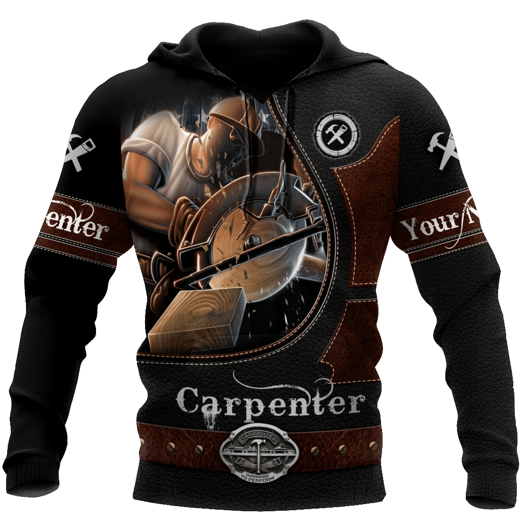 Personalized carpenter hoodie featuring dark woodworking tools all-over print