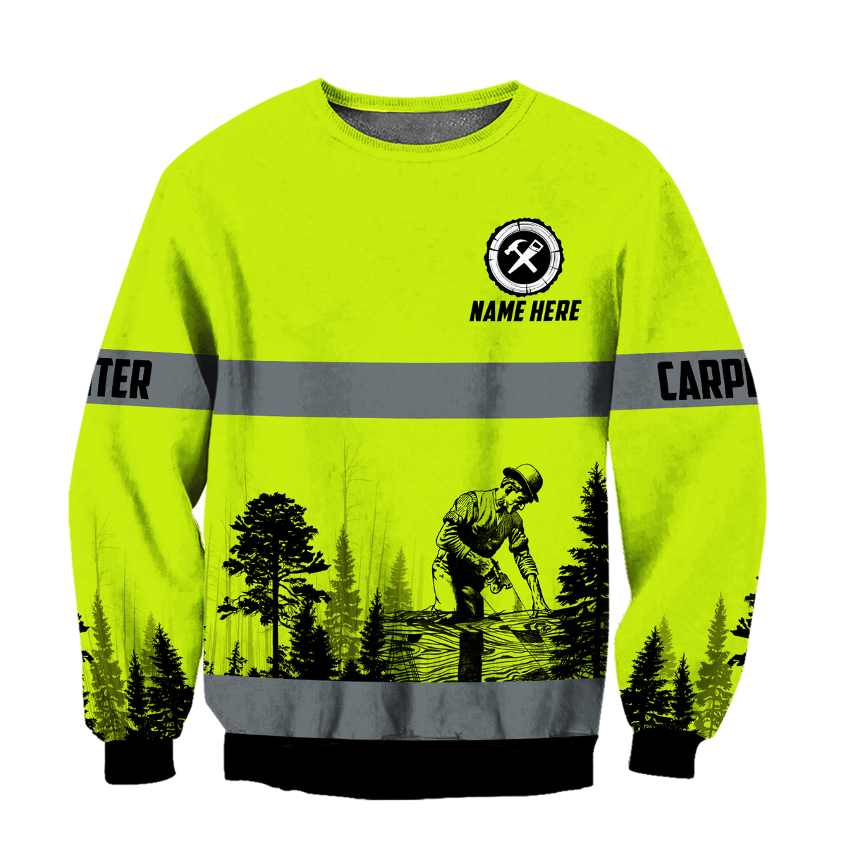 Personalized carpenter sweatshirt featuring neon green stripe print all-over print