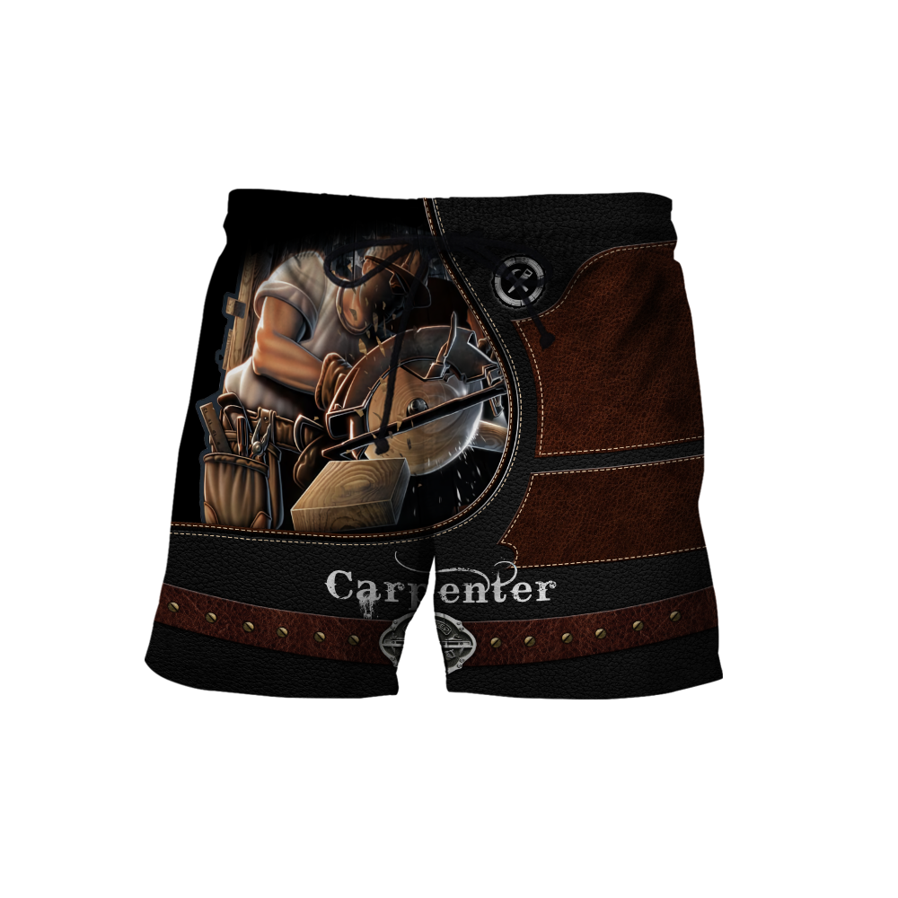 Personalized carpenter shorts featuring dark woodworking tools all-over print