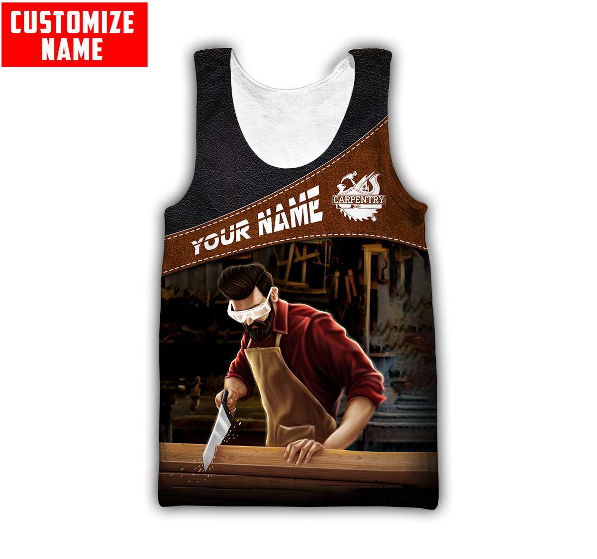Personalized carpenter tank top featuring brown diagonal band hand plane all-over print