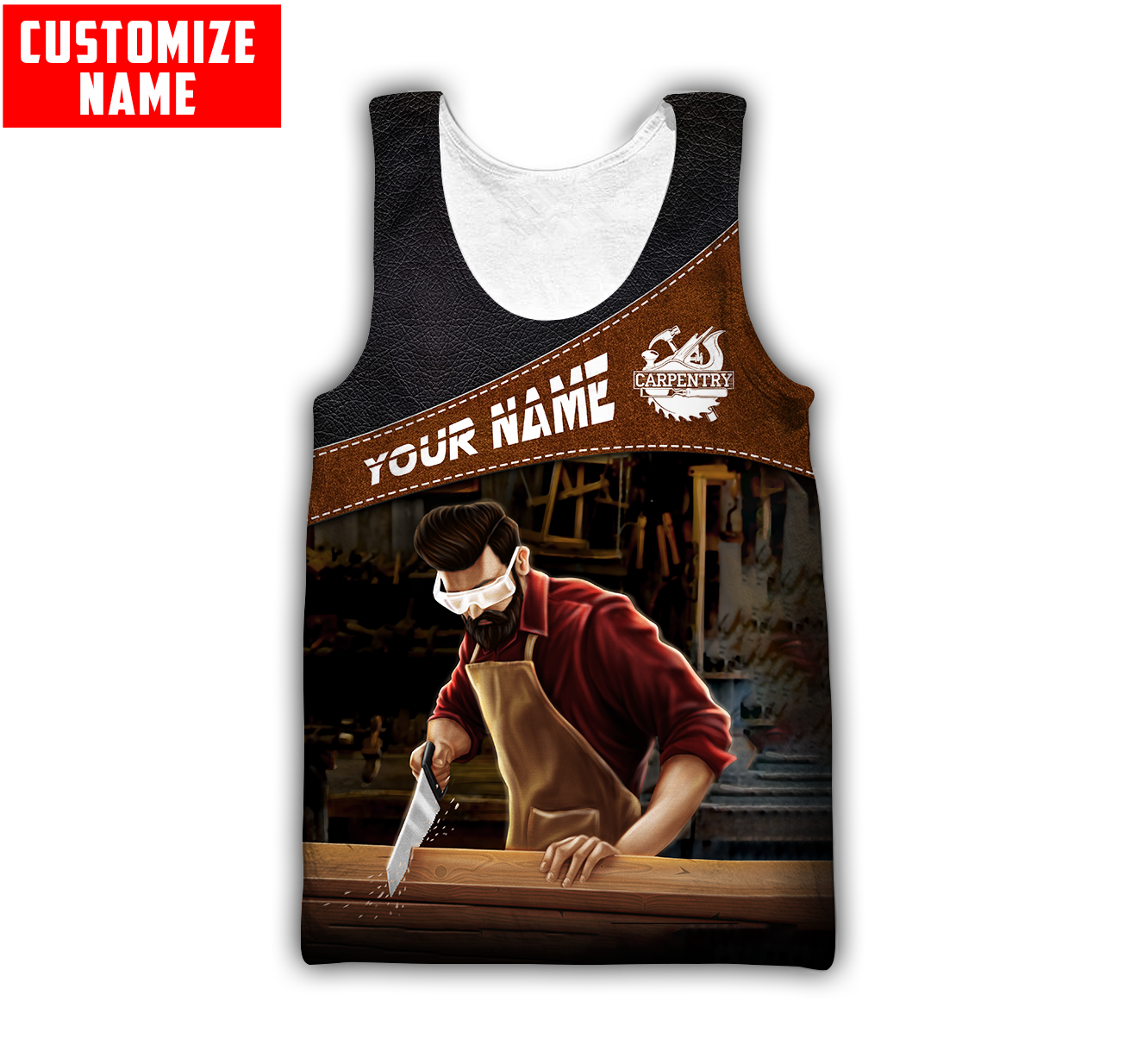Personalized carpenter tank top featuring brown diagonal band hand plane all-over print