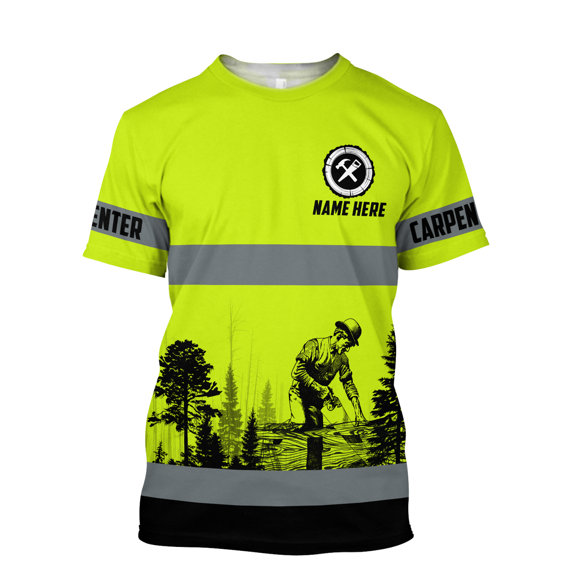Personalized carpenter t-shirt featuring neon green stripe print all-over print