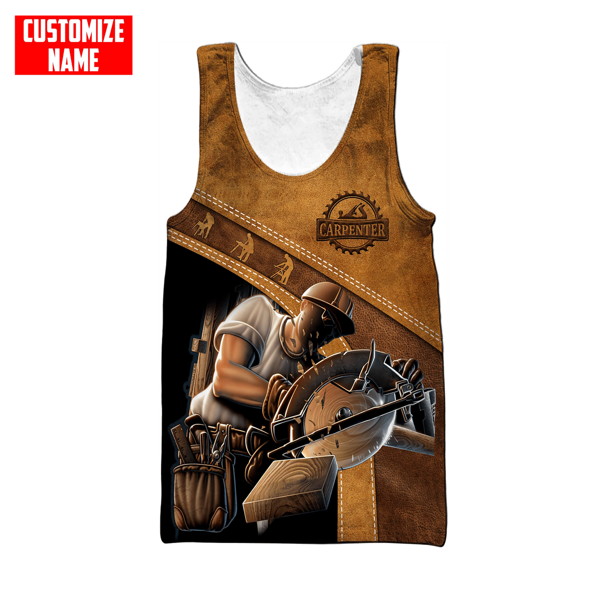 Personalized carpenter tank top featuring brown leather all-over print
