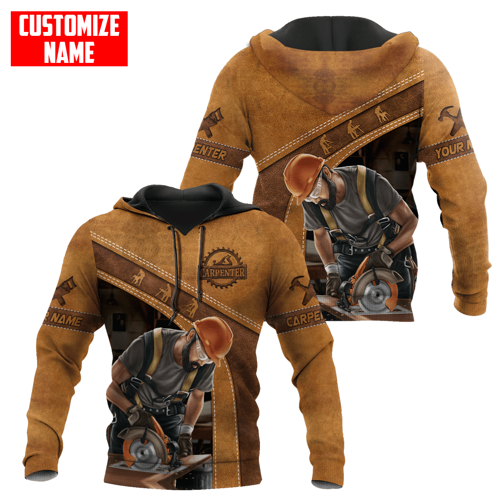 Carpenter hoodie featuring tan carpenter using circular saw all-over print, front and back views