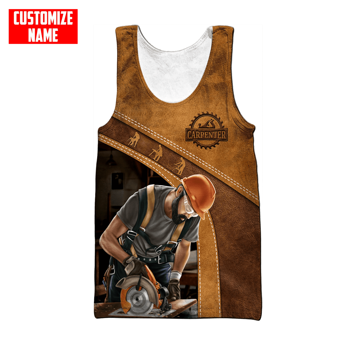 Carpenter tank top featuring tan carpenter using circular saw all-over print