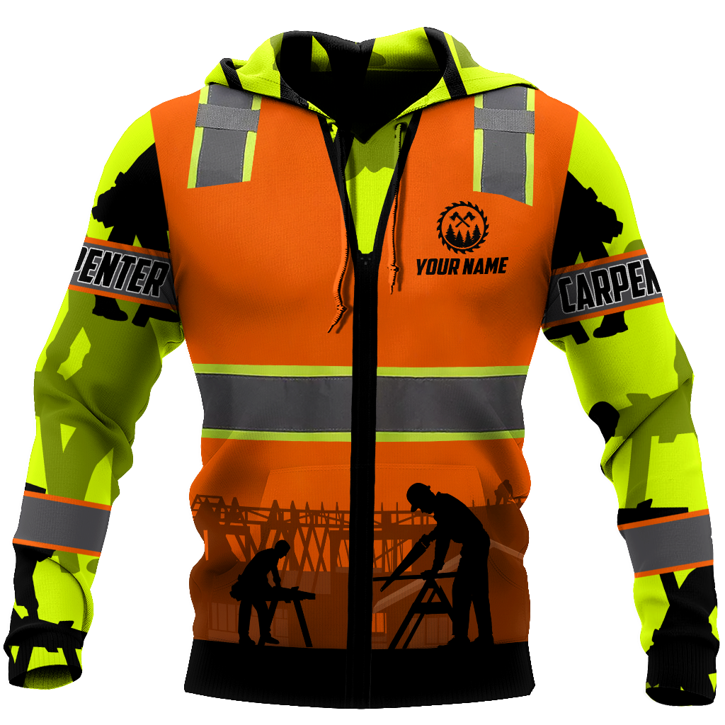 Personalized carpenter apparel featuring orange vest print and workshop scene all-over print