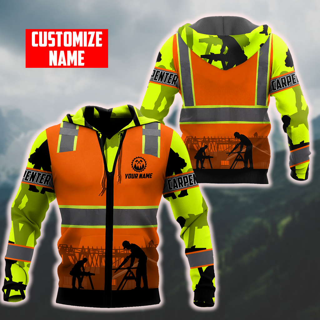 Personalized carpenter apparel featuring orange vest print and workshop scene all-over print