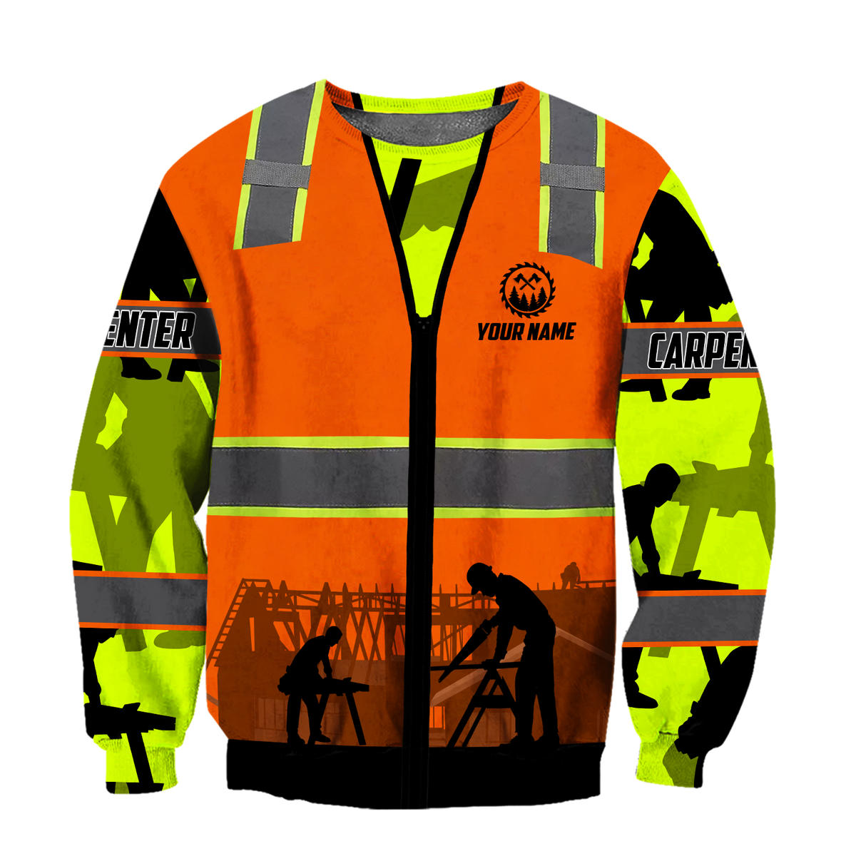 Personalized carpenter sweater featuring orange vest print and workshop scene all-over print