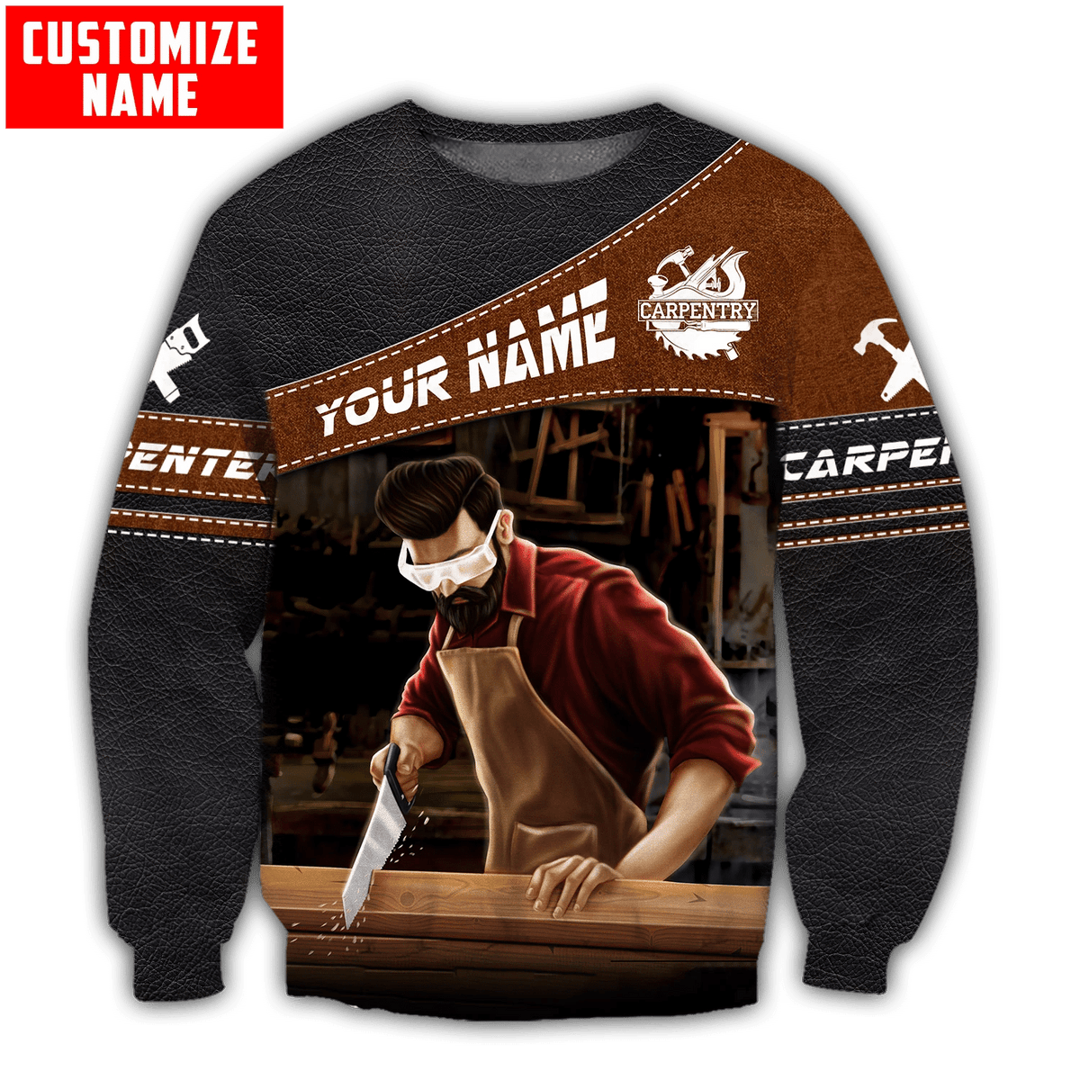 Personalized carpenter sweatshirt featuring brown diagonal band hand plane all-over print