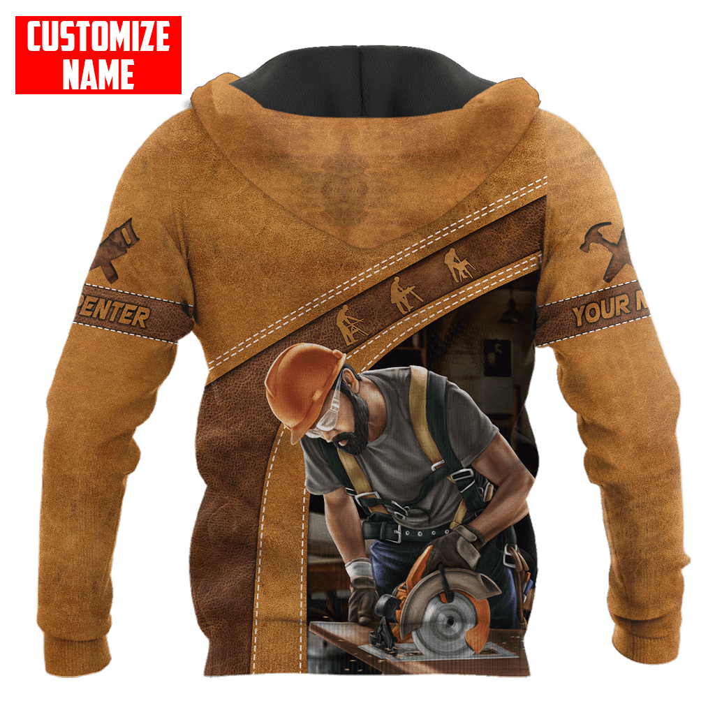 Carpenter hoodie featuring tan carpenter using circular saw all-over print, back view