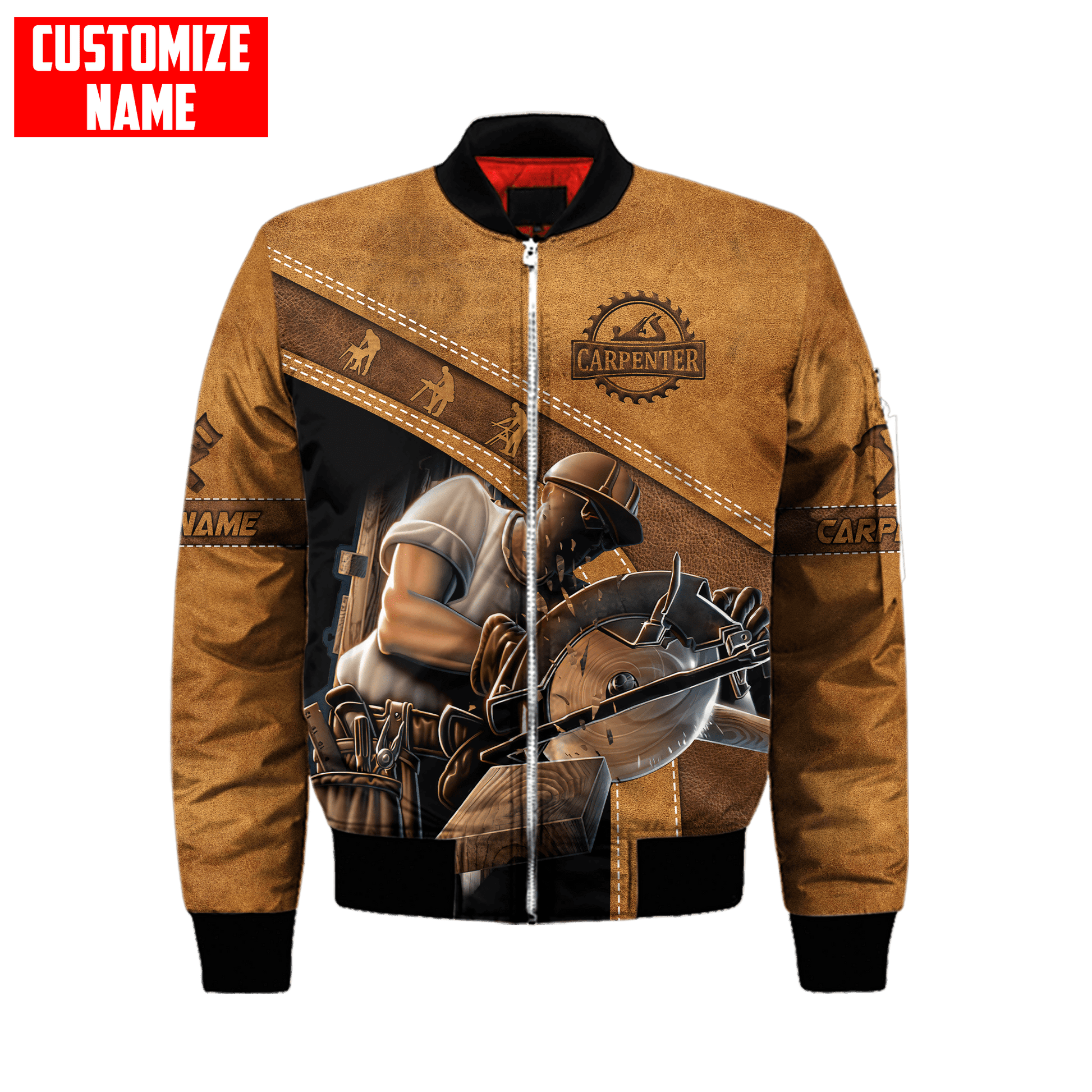 Personalized carpenter bomber jacket featuring brown leather all-over print