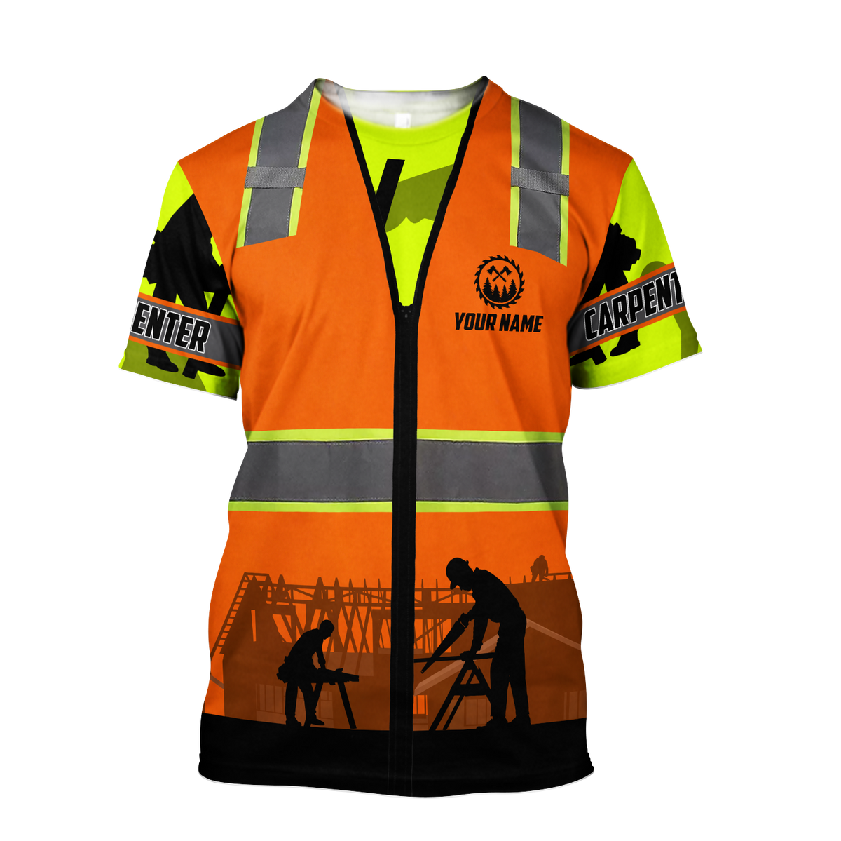 Personalized carpenter apparel featuring orange vest print and workshop scene all-over print