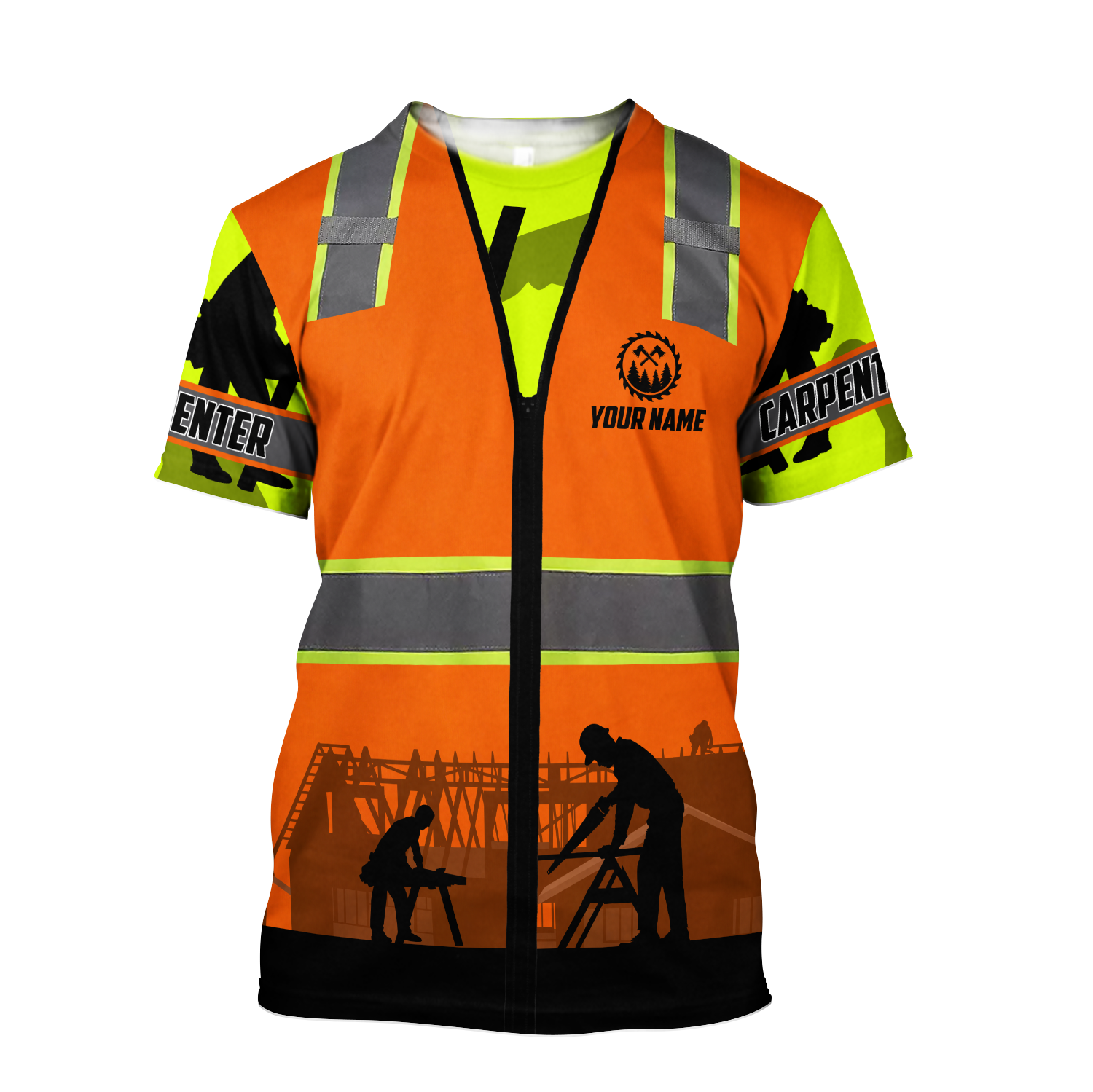 Personalized carpenter apparel featuring orange vest print and workshop scene all-over print