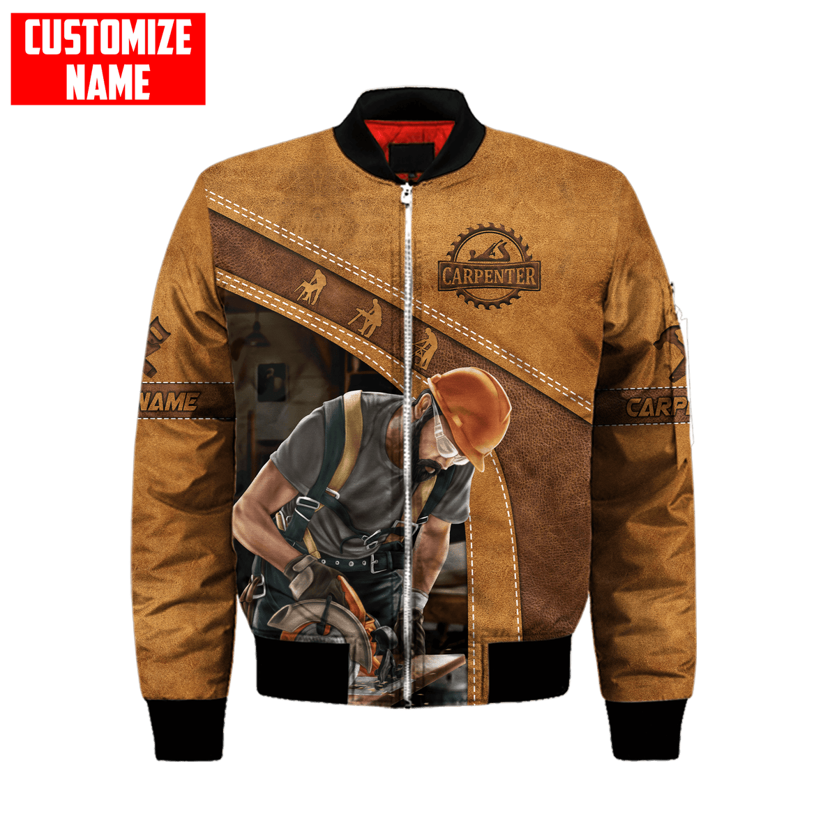 Carpenter bomber jacket featuring tan carpenter using circular saw all-over print