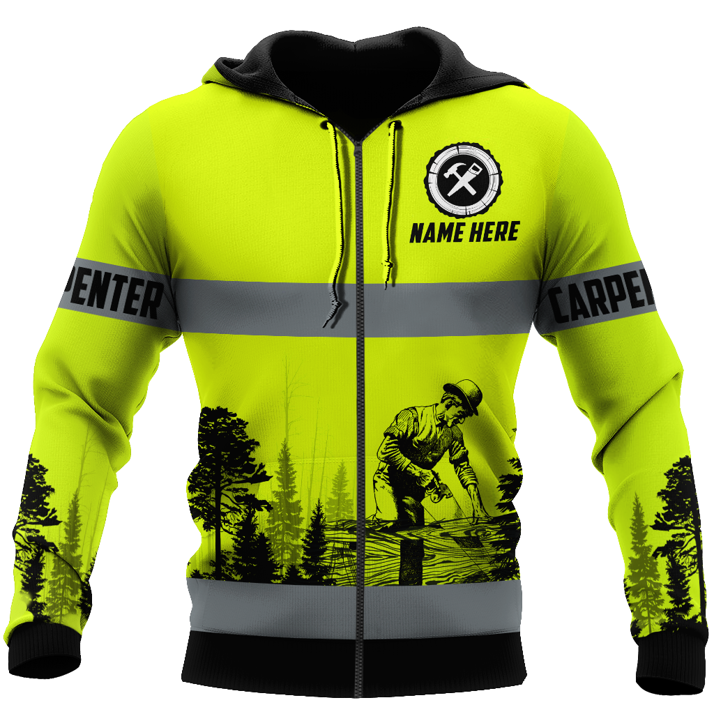 Personalized carpenter zip hoodie featuring neon green stripe print all-over print