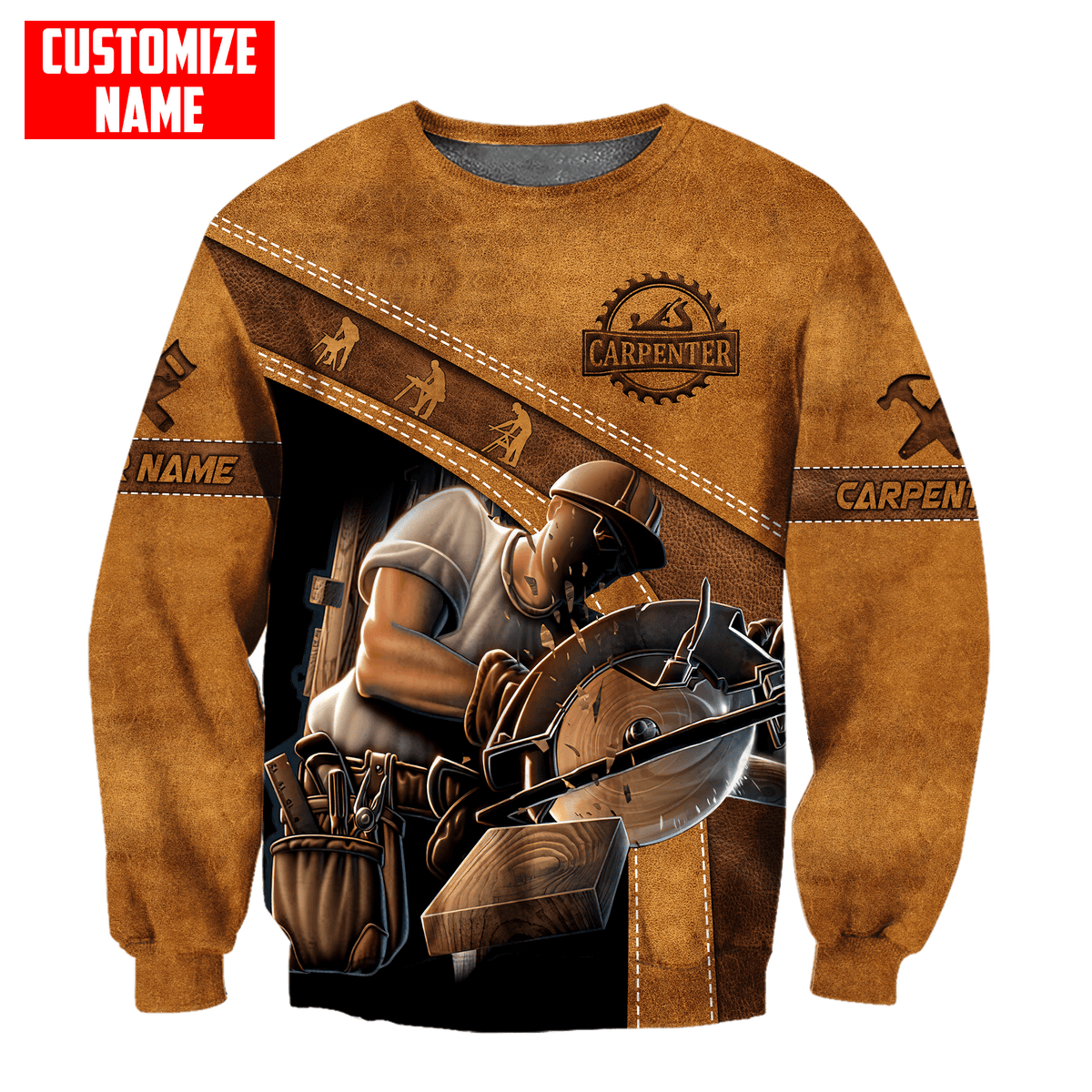 Personalized carpenter sweatshirt featuring brown leather all-over print