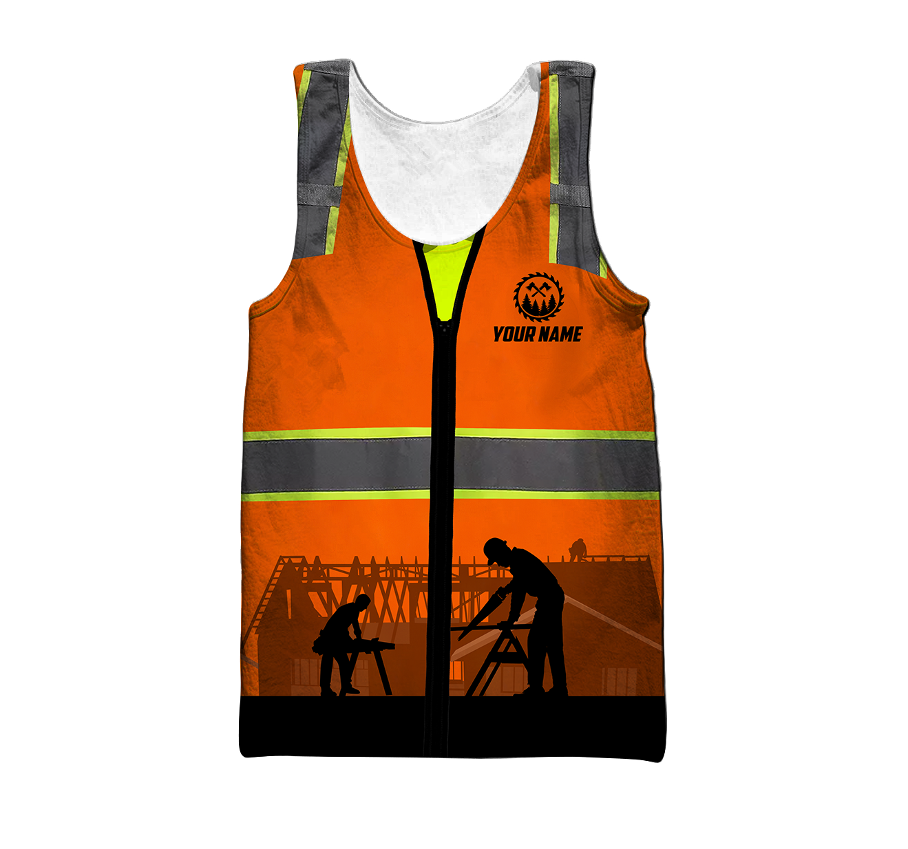 Personalized carpenter men's tank top featuring orange vest print and workshop scene all-over print