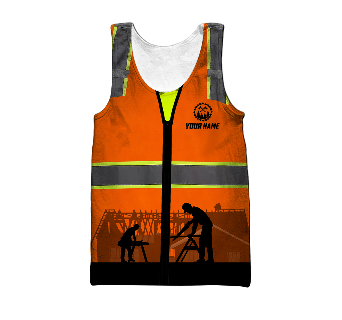 Personalized carpenter men's tank top featuring orange vest print and workshop scene all-over print