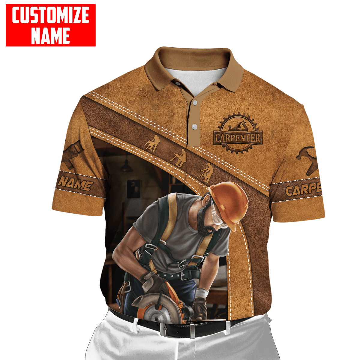 Carpenter polo featuring tan carpenter using circular saw all-over print