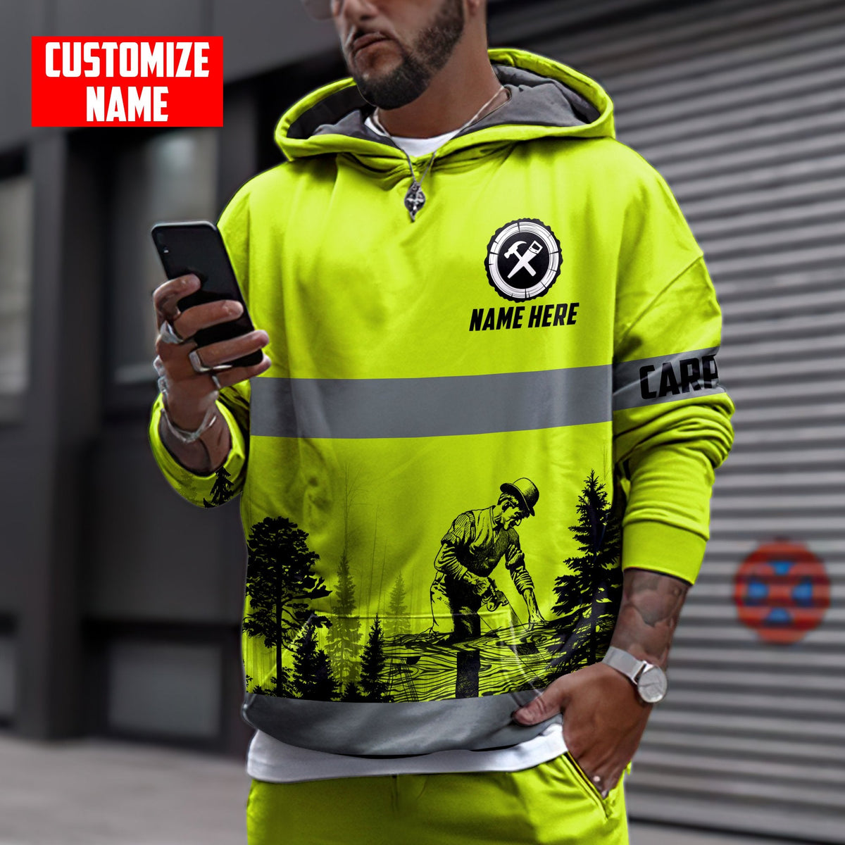 Personalized carpenter apparel featuring neon green stripe print all-over print