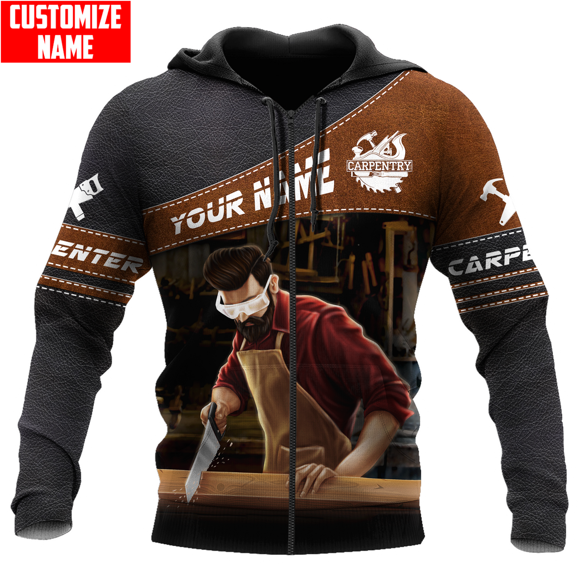 Personalized carpenter zip hoodie featuring brown diagonal band hand plane all-over print