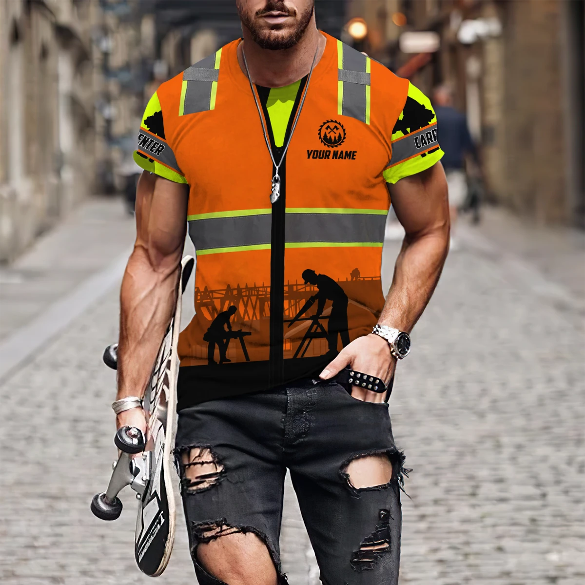 Personalized carpenter t-shirt featuring orange vest print and workshop scene all-over print