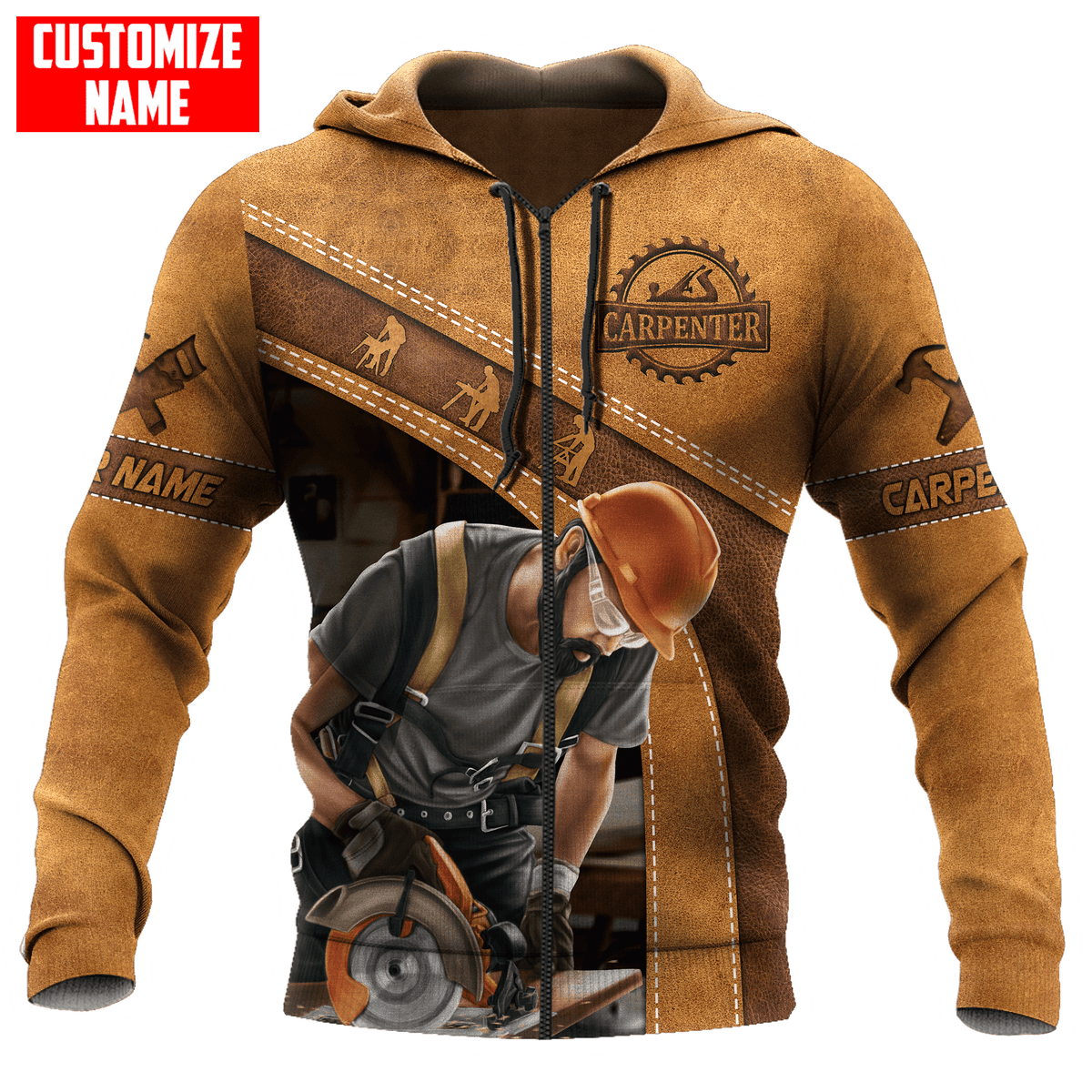 Carpenter zip hoodie featuring tan carpenter using circular saw all-over print