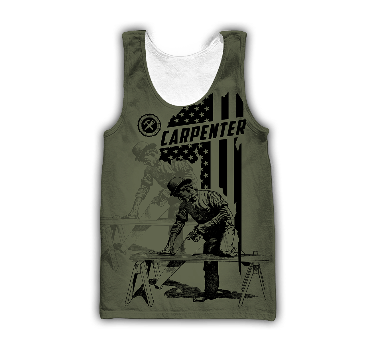 Personalized carpenter tank top featuring vintage olive trade all-over print