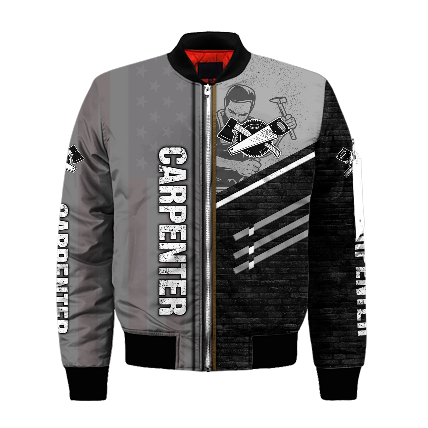 Personalized carpenter bomber jacket featuring metal pattern all-over print