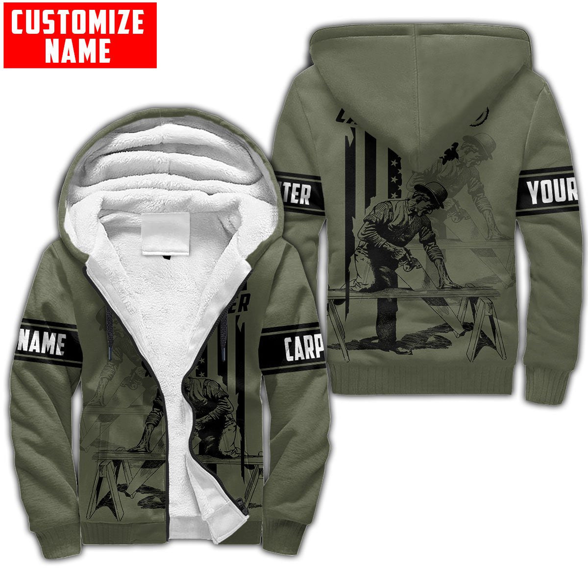 Personalized carpenter fleece zip hoodie featuring vintage olive trade all-over print