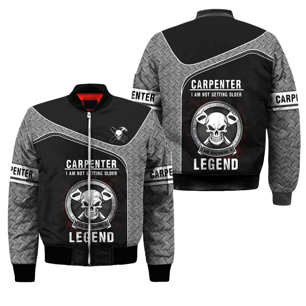 Personalized carpenter bomber jacket featuring becoming a legend all-over print