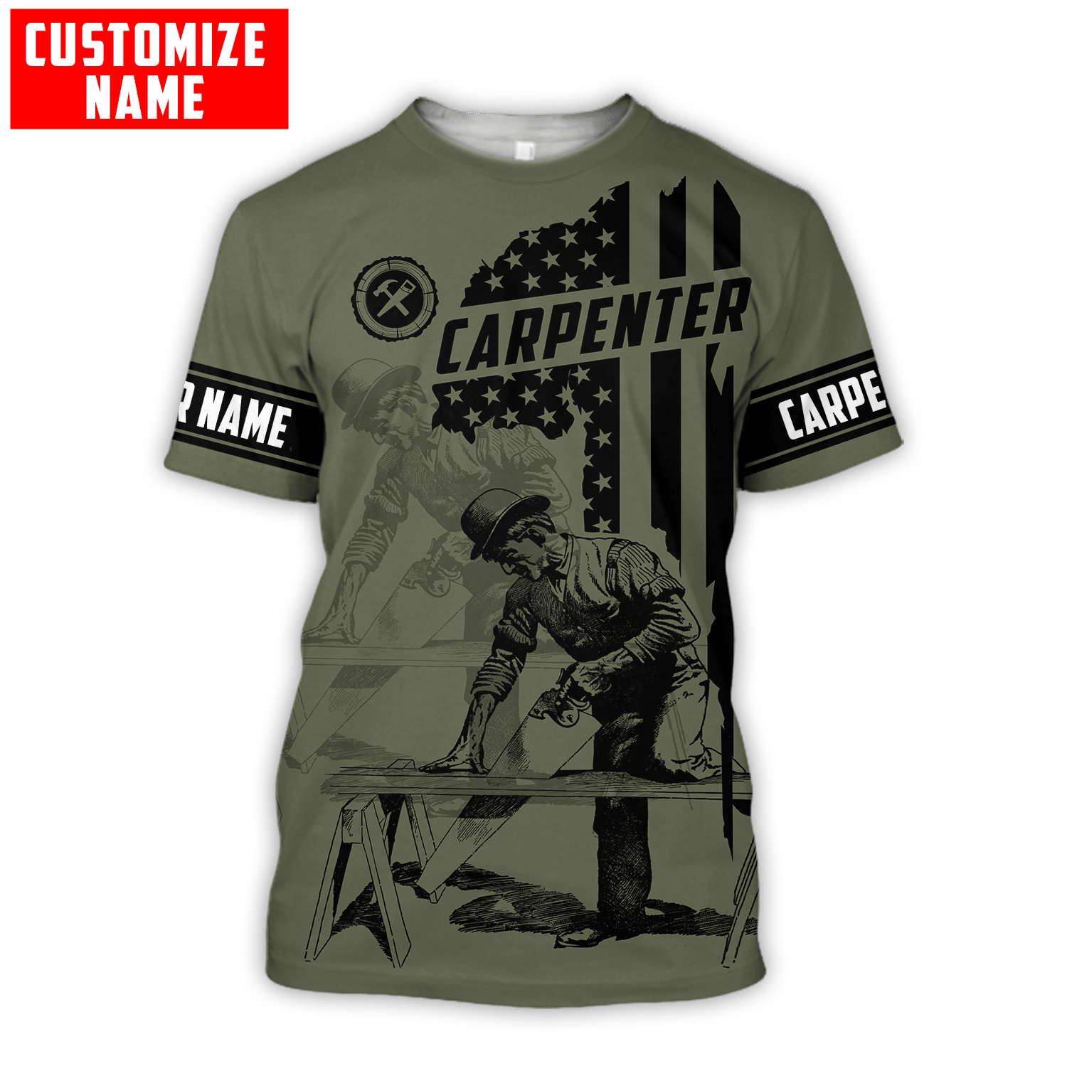 Personalized carpenter t-shirt featuring vintage olive trade all-over print