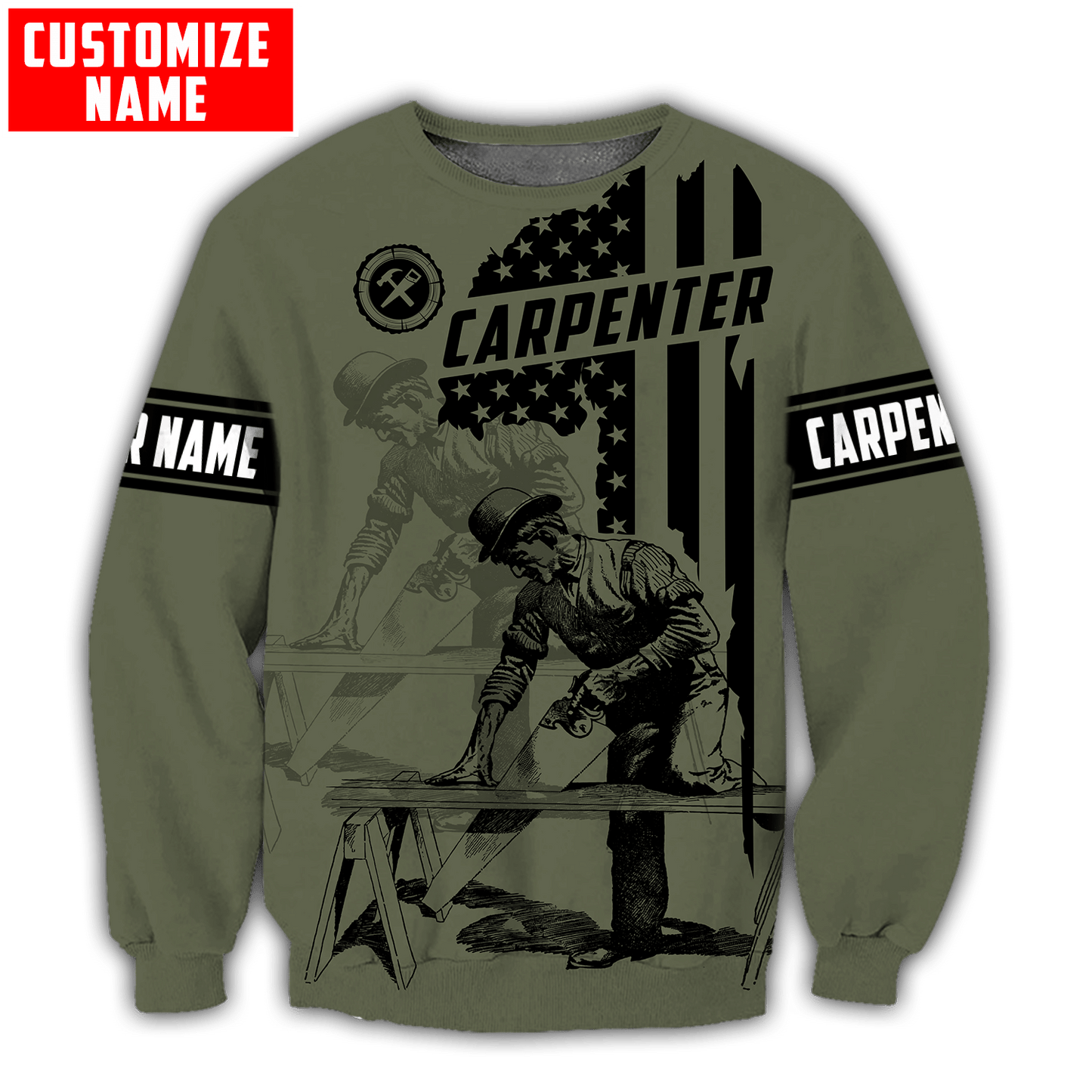 Personalized carpenter sweatshirt featuring vintage olive trade all-over print