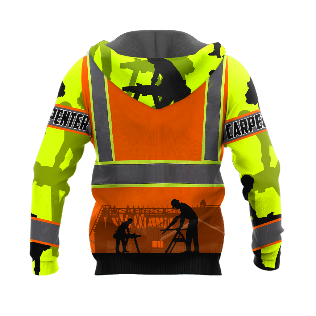 Personalized carpenter apparel featuring orange vest print and workshop scene all-over print