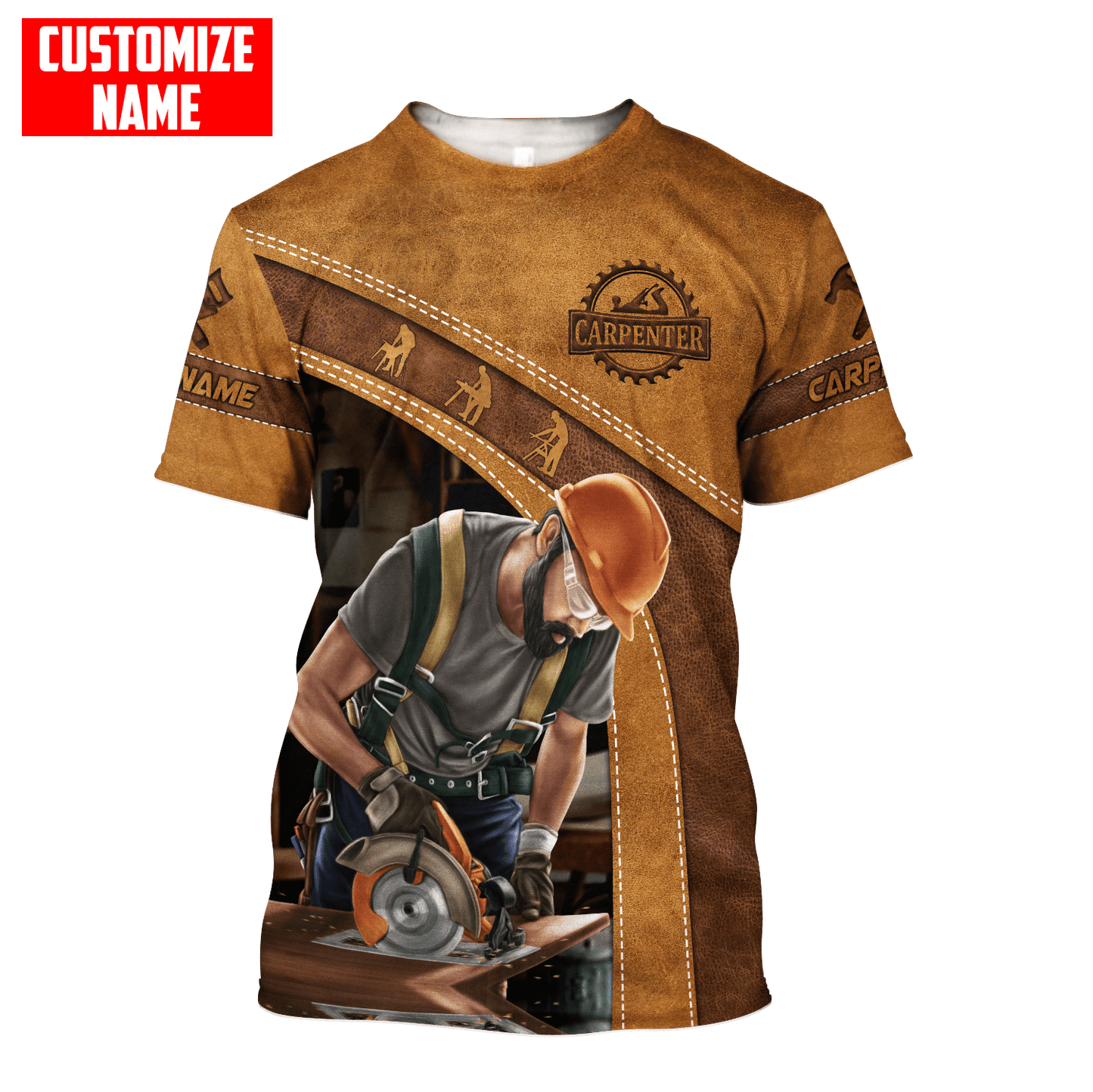 Carpenter t-shirt featuring tan carpenter using circular saw all-over print