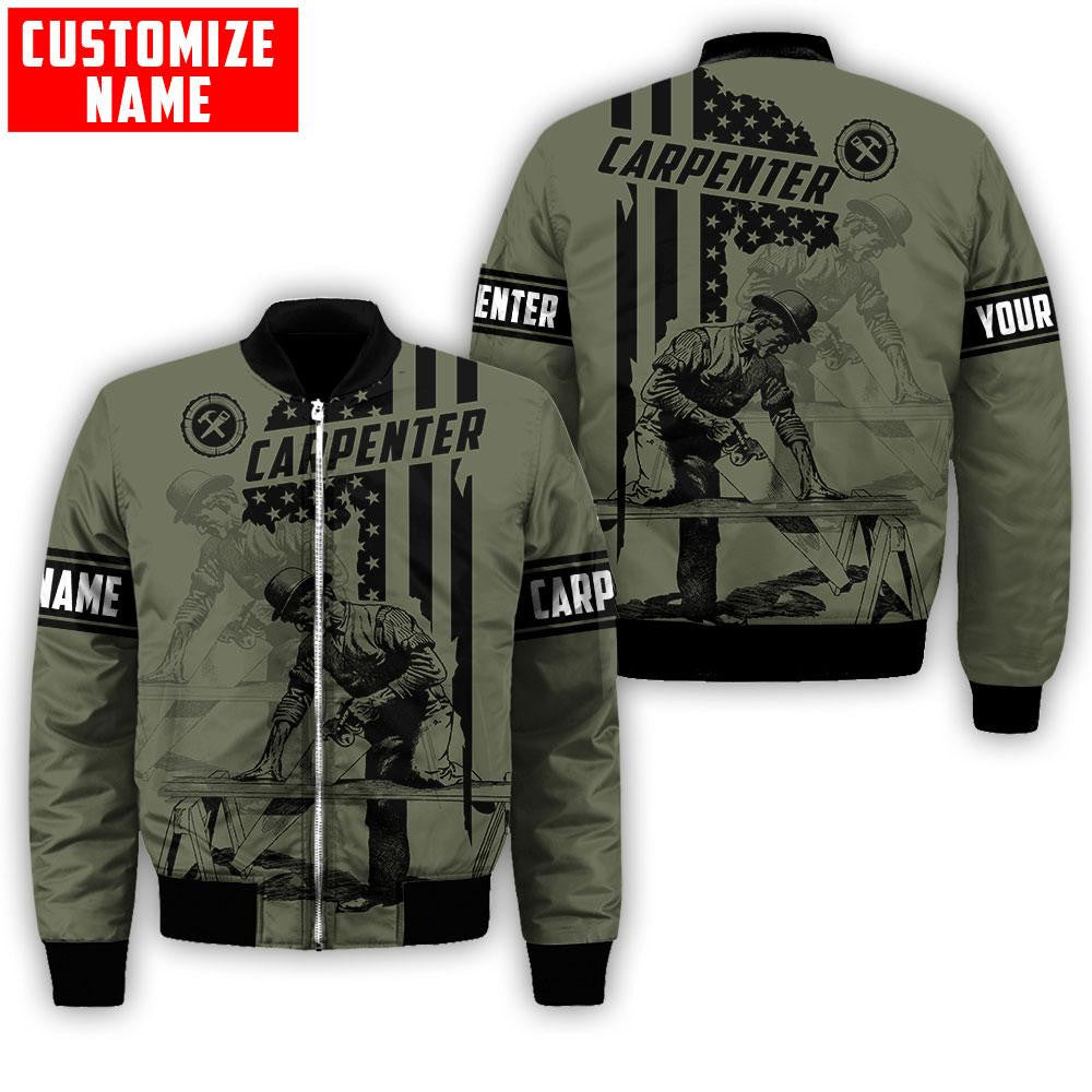 Personalized carpenter bomber jacket featuring vintage olive trade all-over print