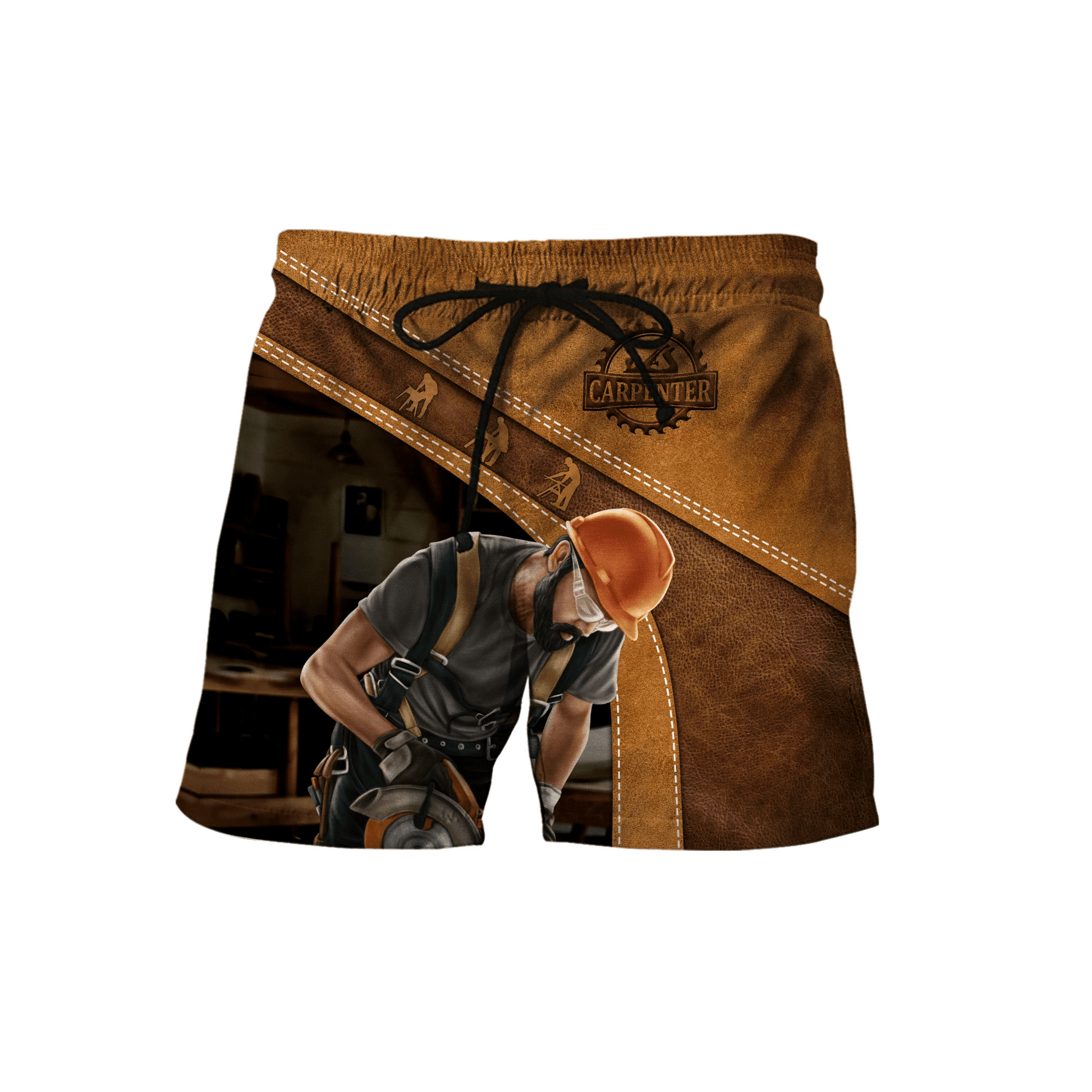 Carpenter shorts featuring tan carpenter using circular saw all-over print