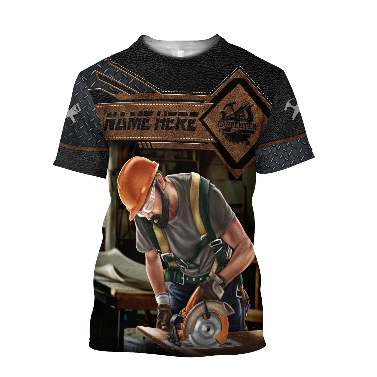 Personalized carpenter t-shirt featuring dark leather tools all-over print